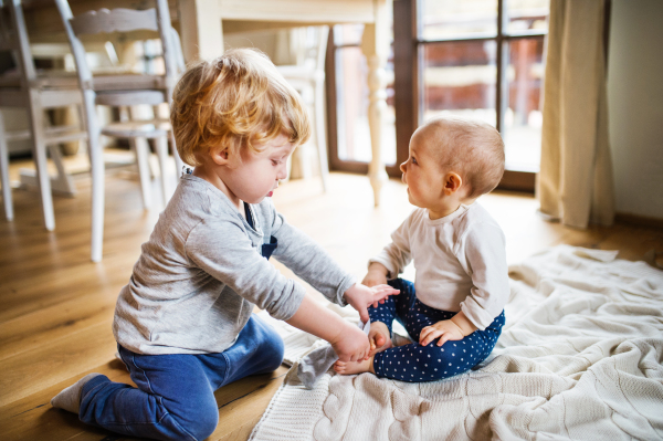 Two cute toddler children playing at home.