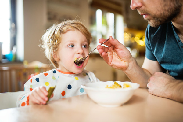 Father feeding a toddler boy at home. Paternity leave.