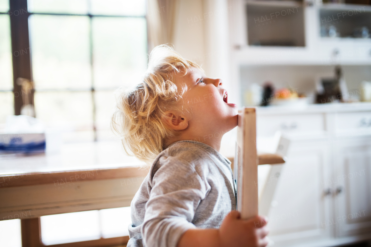 A toddler boy sitting at the table at home.