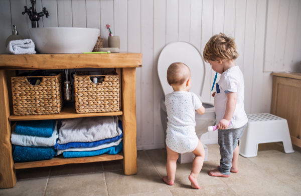 Two toddler children with toothbrush standing by the toilet in the bathroom at home. Rear view.