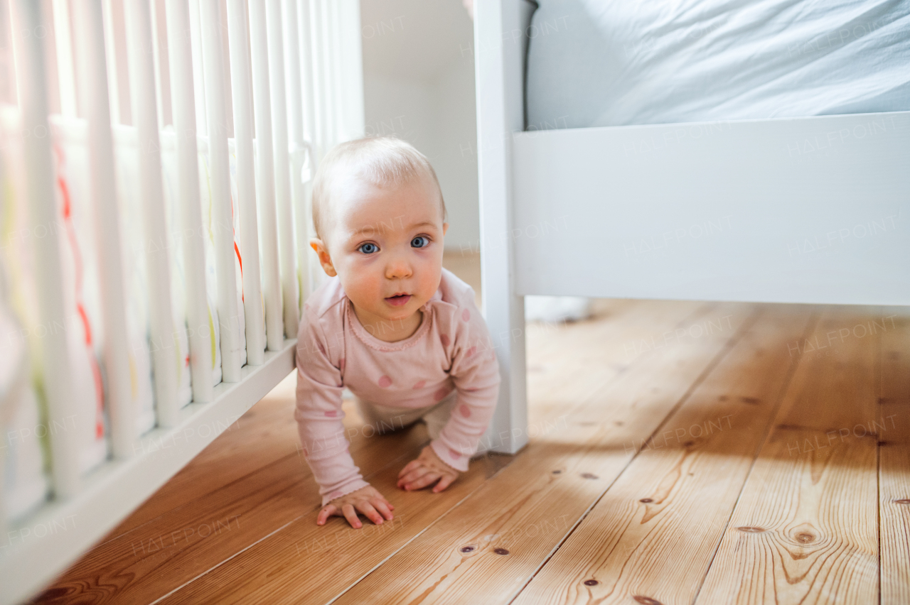 A toddler child crawling on the wooden floor in bedroom at home.