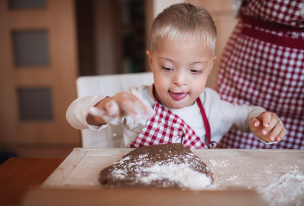 A handicapped down syndrome child and his unrecognizable mother with checked aprons indoors baking in a kitchen.