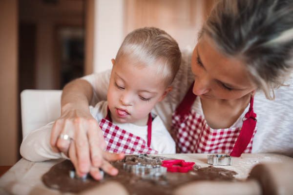 A handicapped down syndrome boy and his mother with checked aprons indoors baking in a kitchen.