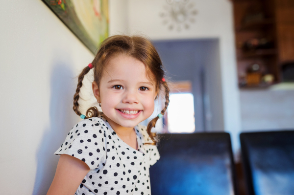 Cute little girl with two braids in dotted t-shirt smiling