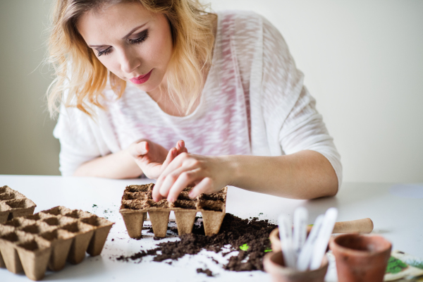 Beautiful young woman planting seeds at home.