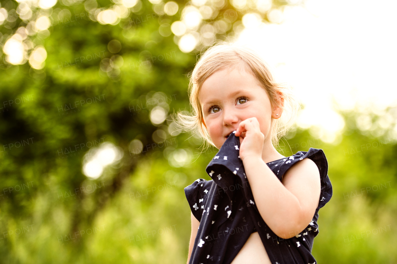 Cute little blonde girl in blue dress outside in in green sunny summer nature