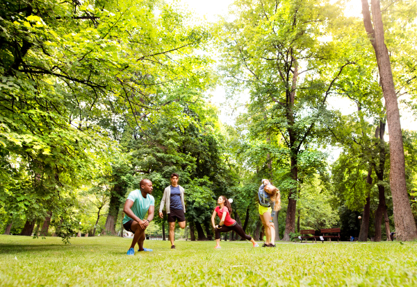 Group of young runners in nature warming up and stretching legs and arms.