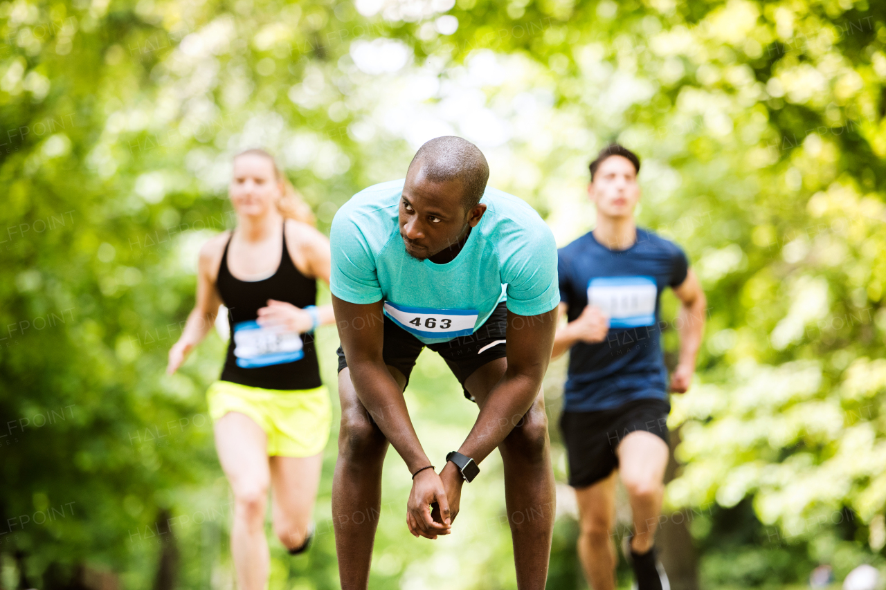 Group of young athletes running a race in green sunny summer park.