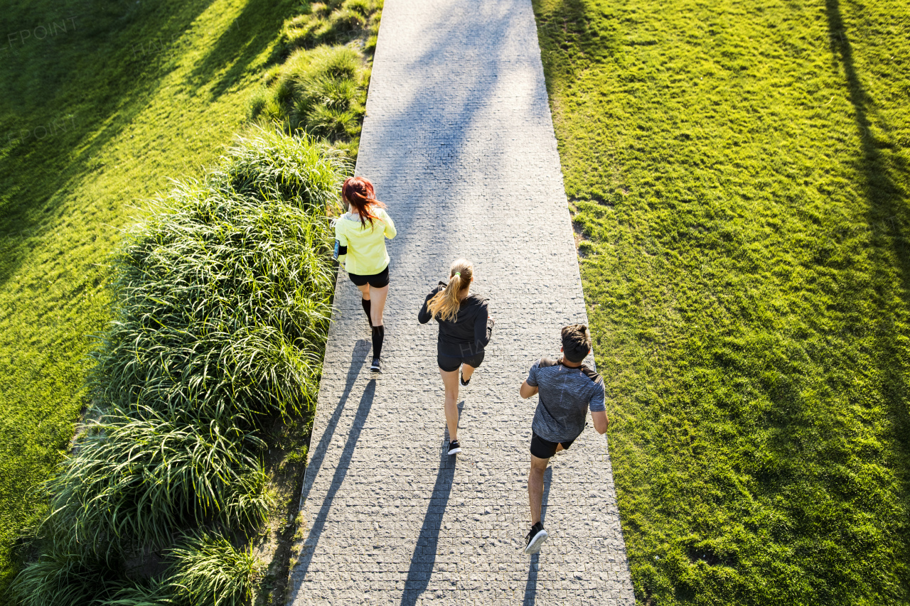 Group of young athletes running on a concrete path in green sunny park. Top view.