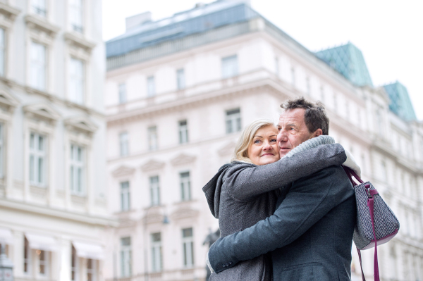 Beautiful senior couple on a walk, hugging in historical centre of the city of Vienna, Austria. Woman holding handbag in her hand. Winter.