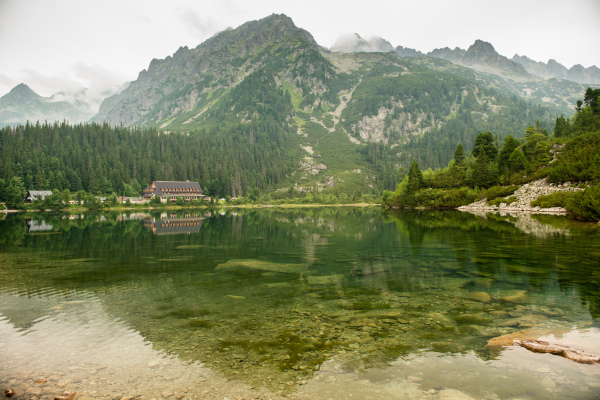 Beautiful scenery of high mountain with lake and high peak. High Tatras Slovakia