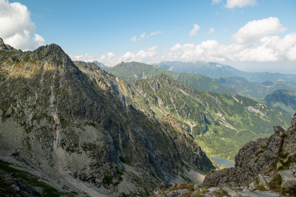 Beautiful scenery of high mountain with lake and high peak. High Tatras Slovakia