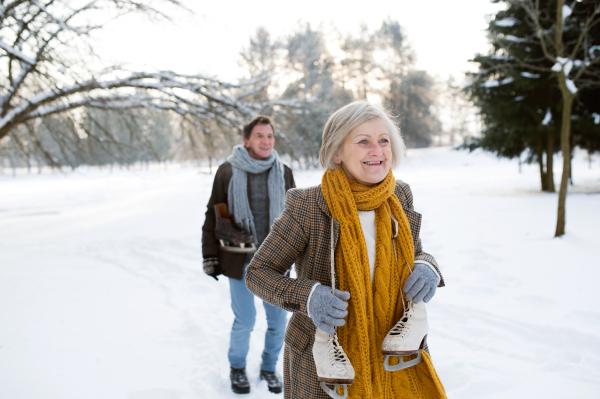 Beautiful senior woman and man in sunny winter nature going ice skating.