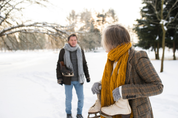 Beautiful senior woman and man in winter nature with ice skates going to outdoor rink.