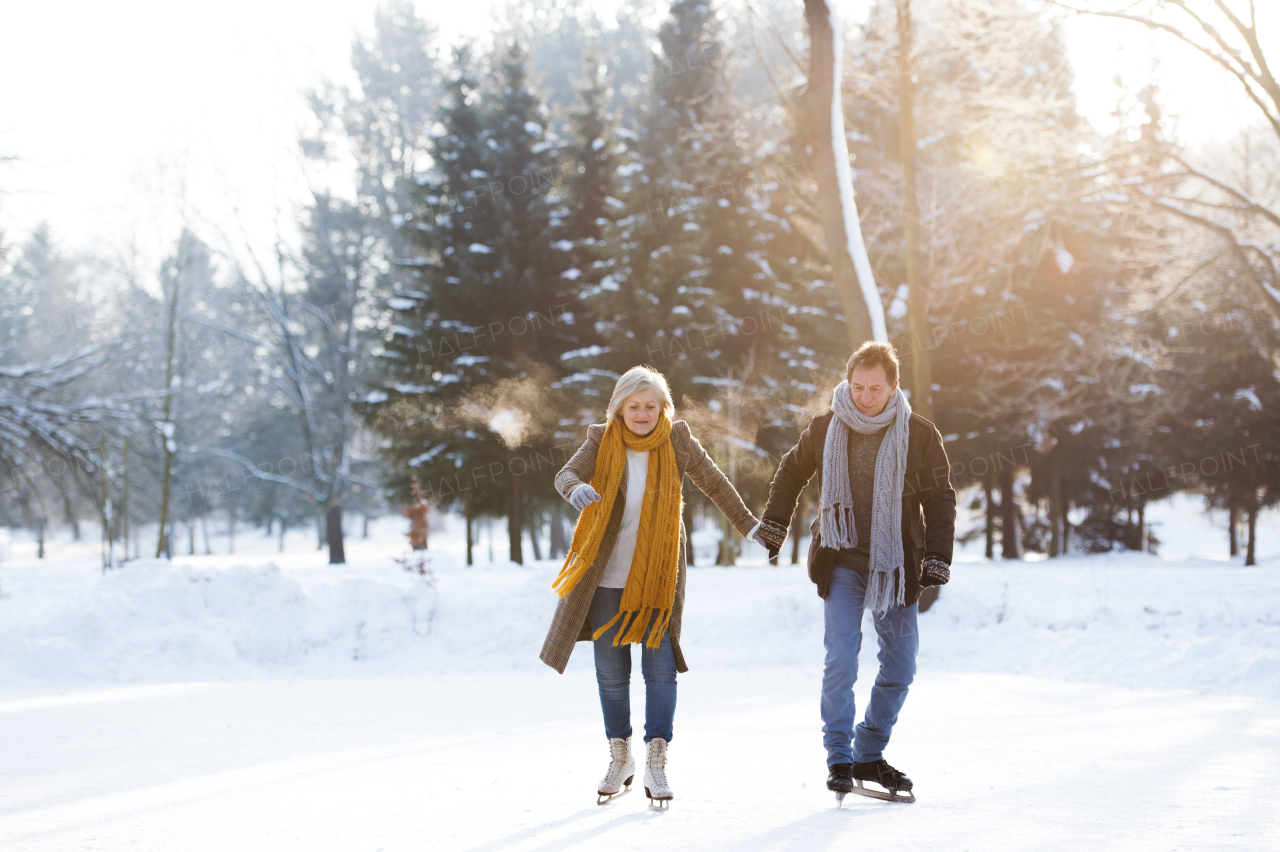 Beautiful senior woman and man in sunny winter nature ice skating.