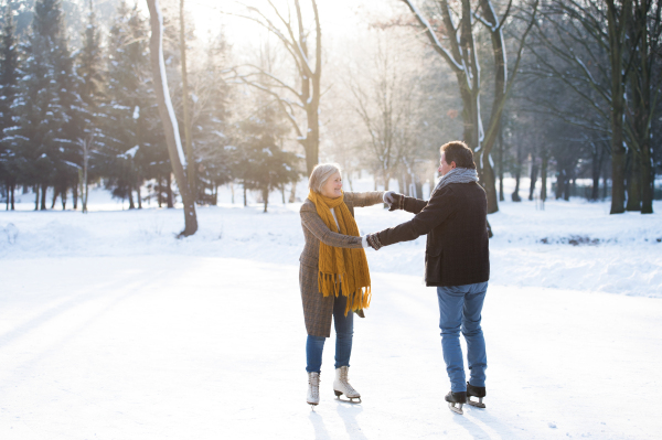 Beautiful senior woman and man in sunny winter nature ice skating.