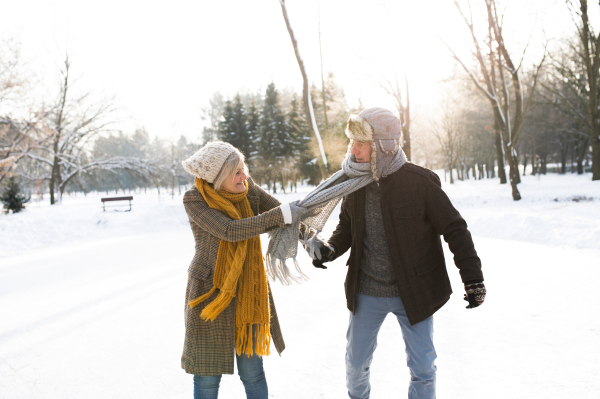 Beautiful senior woman and man in sunny winter nature ice skating.