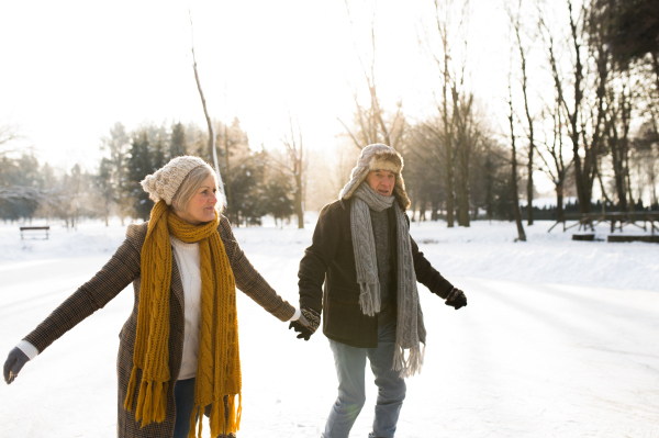 Beautiful senior woman and man in sunny winter nature ice skating.