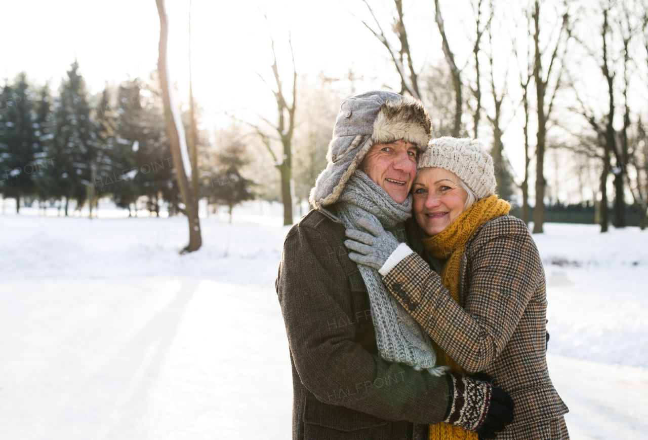 Beautiful senior woman and man in sunny winter nature ice skating, hugging.