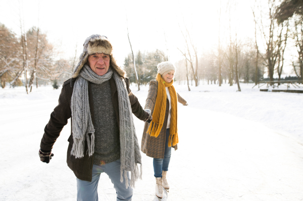 Beautiful senior woman and man in sunny winter nature ice skating.