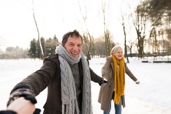 Beautiful senior woman and man in sunny winter nature ice skating. A man and woman reaching out to someone.