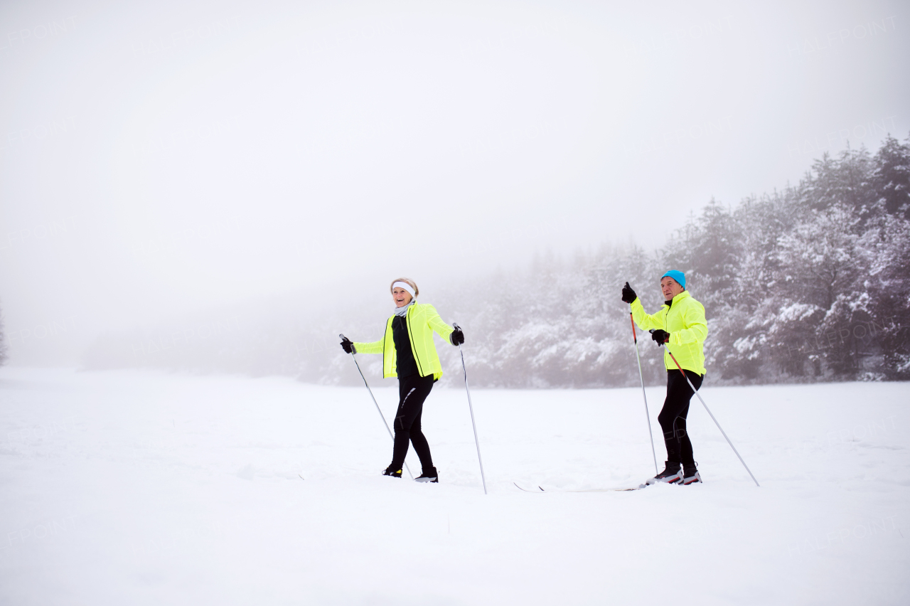 Active senior couple cross-country skiing. Winter time.