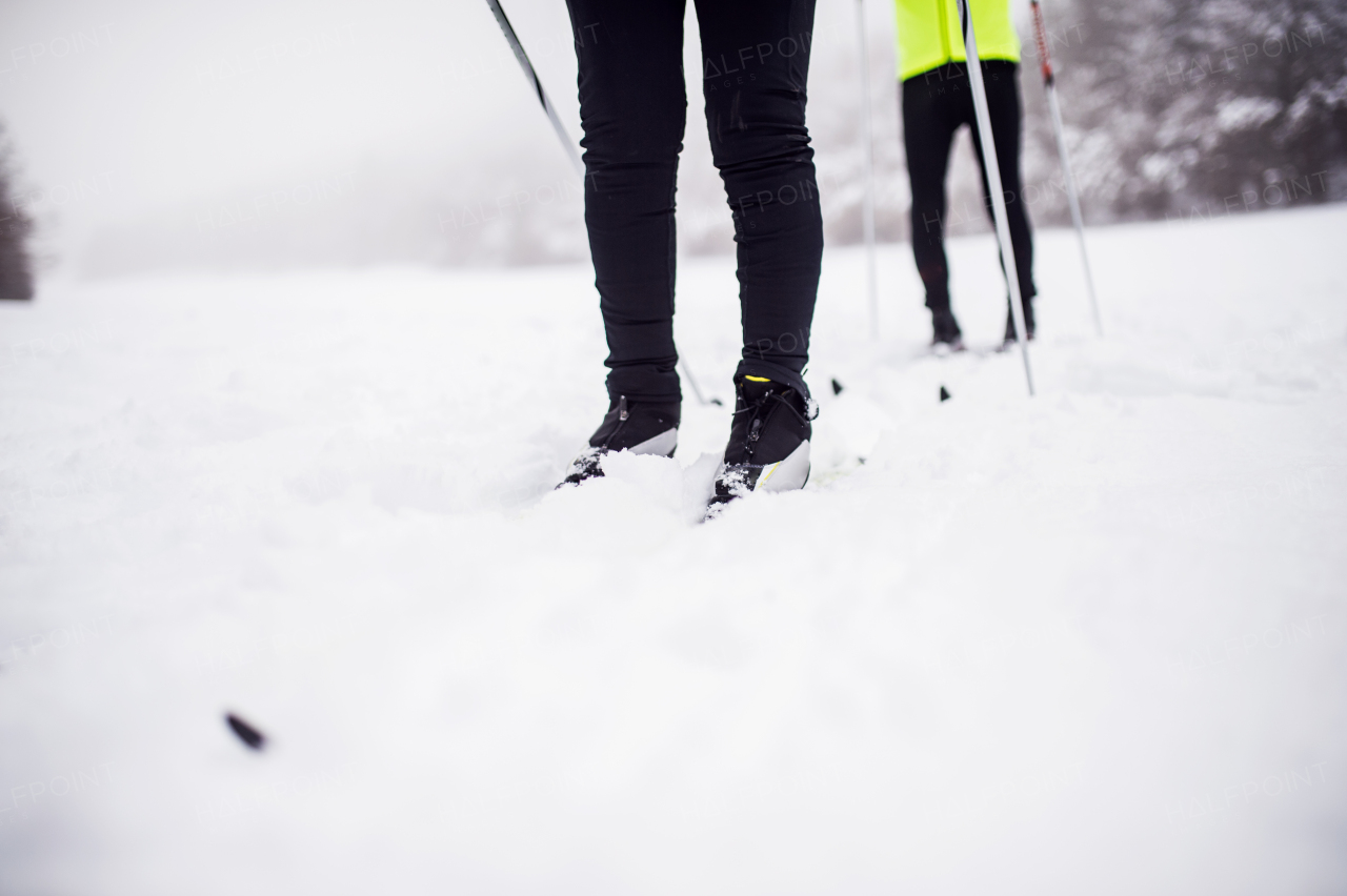 Unrecognizable active senior couple cross-country skiing. Winter time.