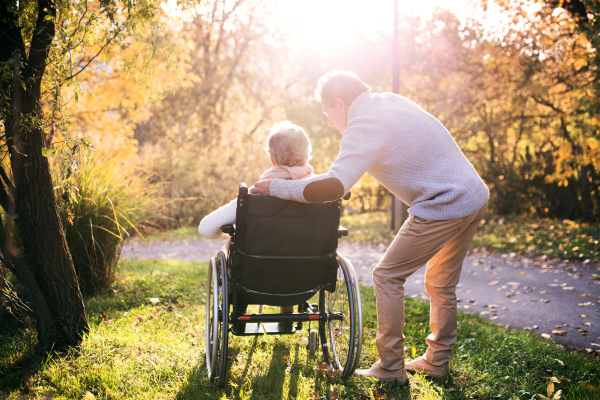 Senior man and elderly woman in wheelchair in autumn nature. Man with his mother or a wife on a walk. Rear view.