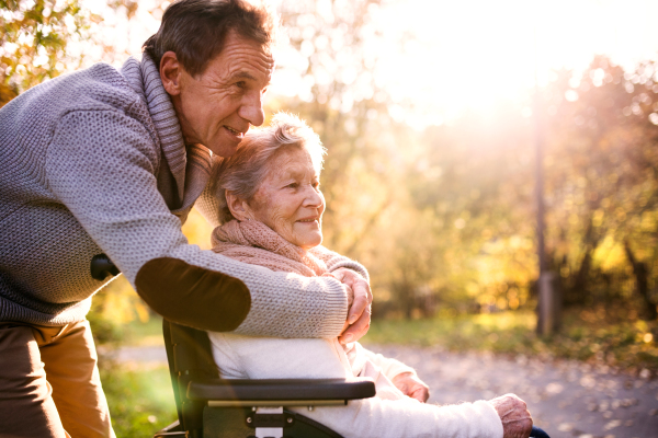 Senior man and elderly woman in wheelchair in autumn nature. Man with his mother on a walk.