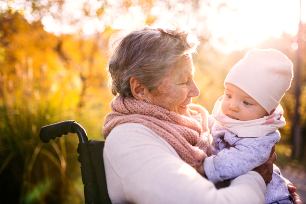 An elderly woman in wheelchair with baby in autumn nature. Senior woman on a walk.