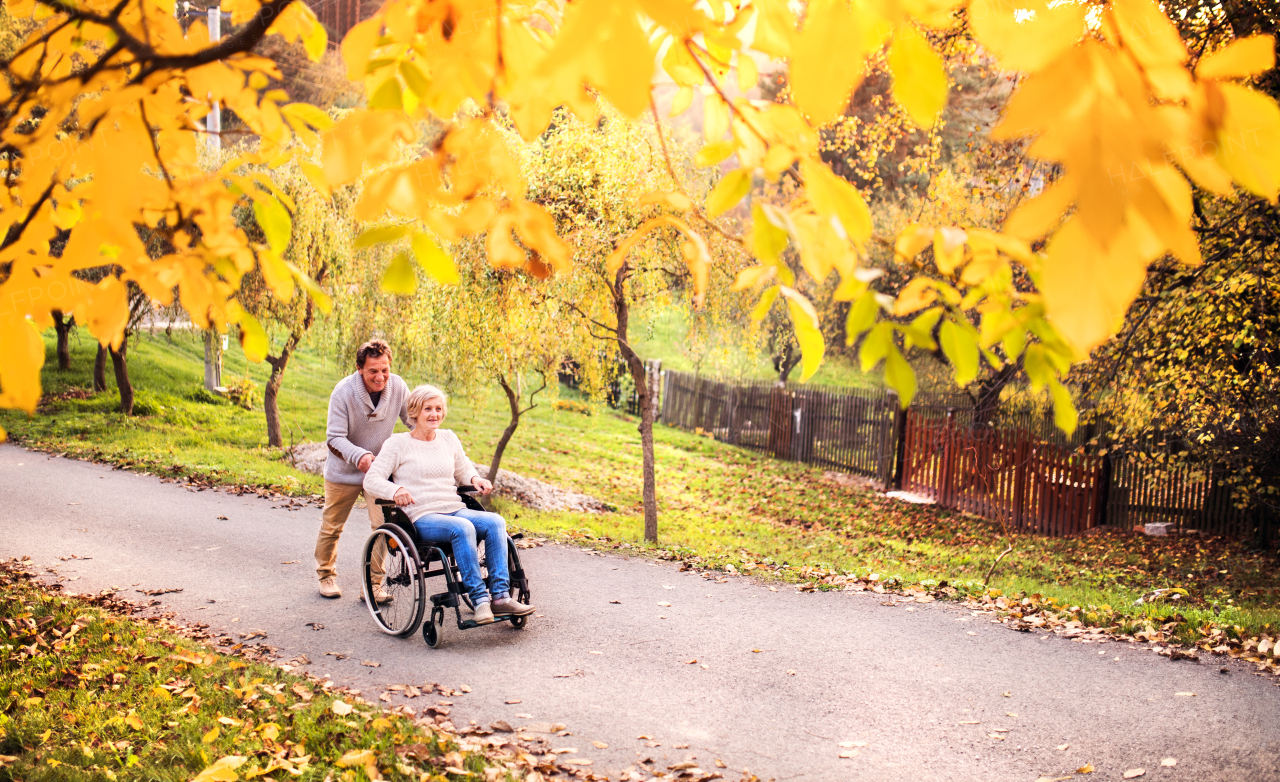 Senior couple in autumn nature. Man and woman in a wheelchair on a walk.