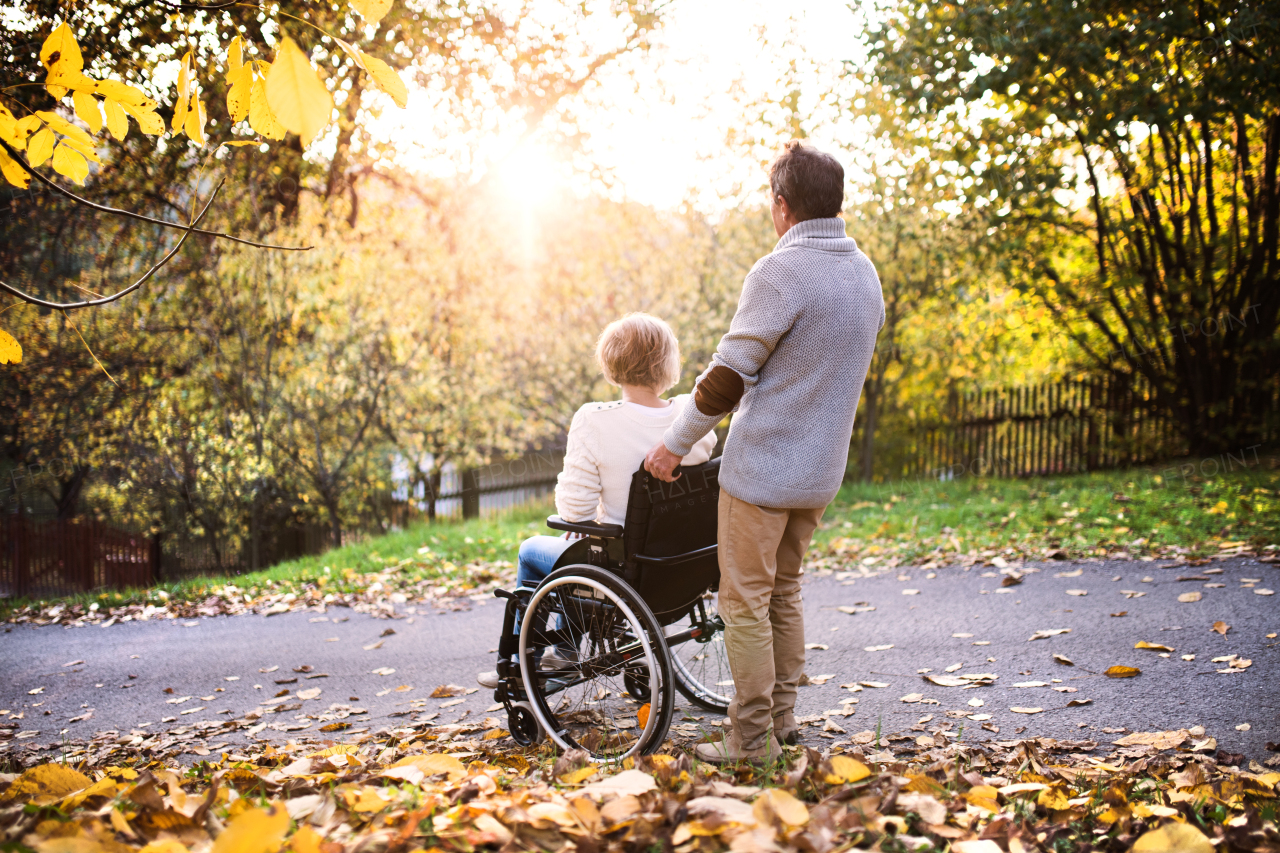 Senior couple in autumn nature. Man and woman in a wheelchair on a walk.