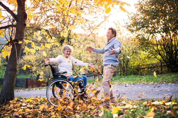 Senior couple in autumn nature. Man and woman in a wheelchair on a walk.