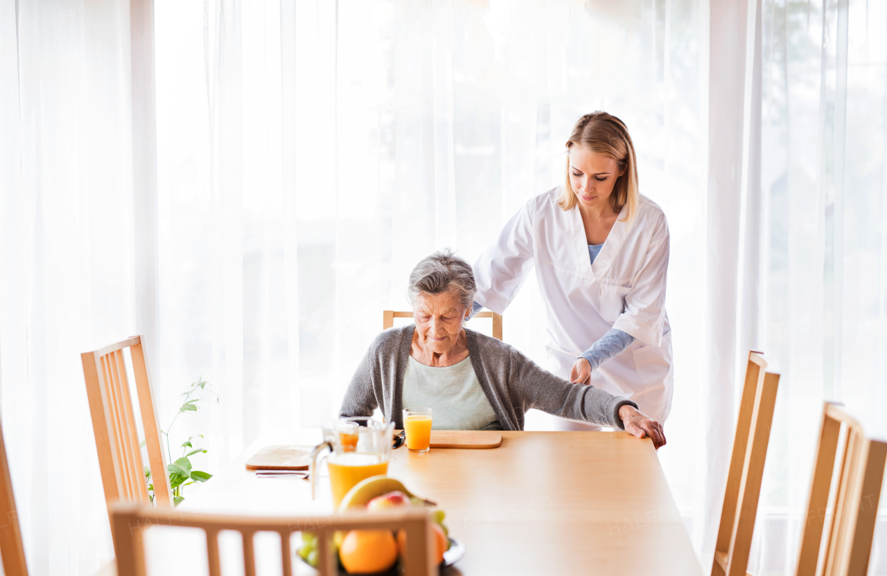 Health visitor and a senior woman during home visit. A nurse helping an elderly woman sit down.