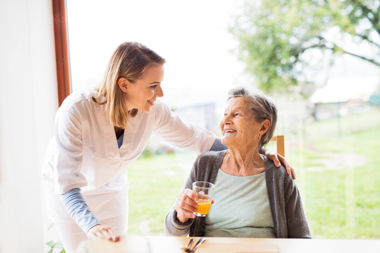 Health visitor and a senior woman during home visit. A nurse talking to an elderly woman.