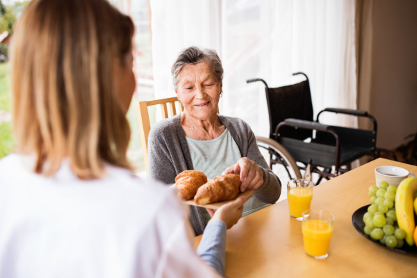 Health visitor and a senior woman during home visit. A nurse giving food to an elderly woman sitting at the table.