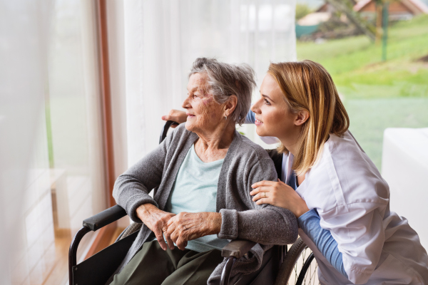 Health visitor and a senior woman during home visit. A nurse talking to an elderly woman in an wheelchair.