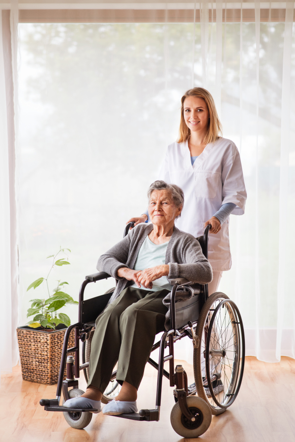 Health visitor and a senior woman during home visit. Portrait of a nurse and an elderly woman in an wheelchair.