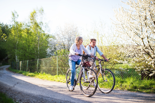 Beautiful senior couple with bicycles outside in spring nature.