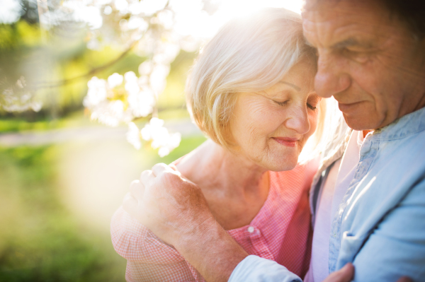 Beautiful senior couple in love outside in spring nature under blossoming trees, hugging.