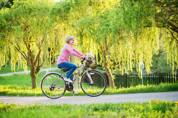 Beautiful senior woman with bicycle cycling outside in spring nature.