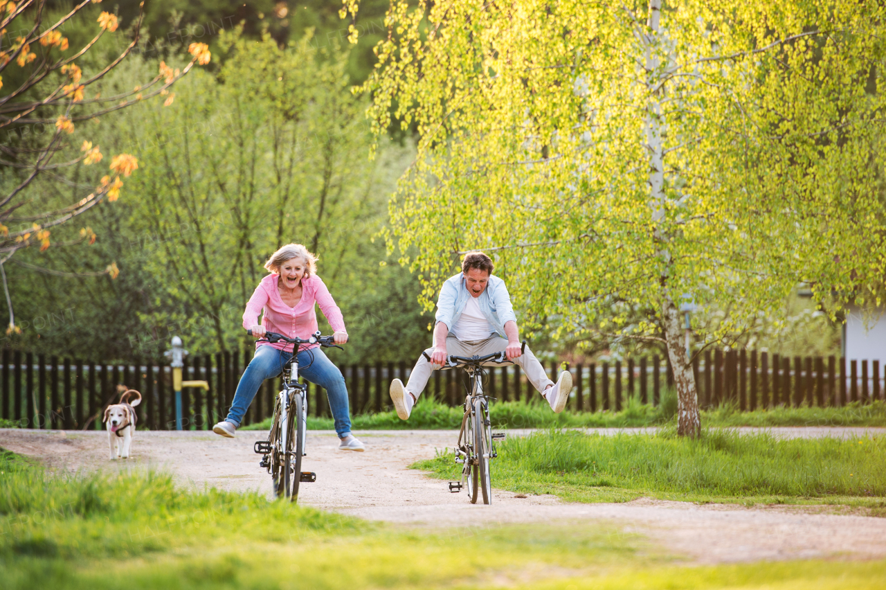 Beautiful senior couple with bicycles cycling outside in spring nature, having fun.