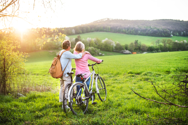 Beautiful senior couple outside in spring nature, standing with bicycles on grassland. Rear view.