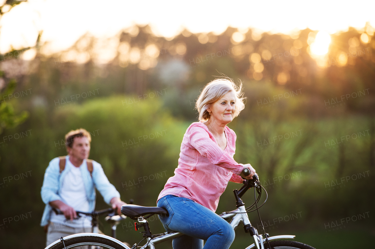 Beautiful senior couple with bicycles outside in spring nature cycling.