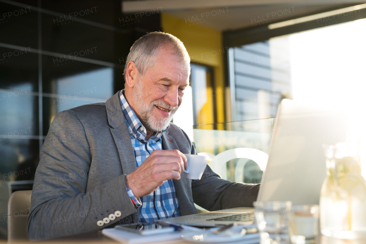 Handsome senior businessman working on laptop in cafe, drinking coffee. Sunny spring day.