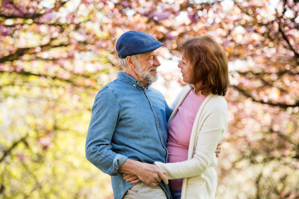 Beautiful senior couple in love on a walk outside in spring nature under blossoming trees.