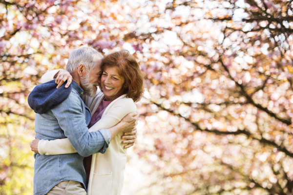 Beautiful senior couple in love on a walk outside in spring nature under blossoming trees, hugging.