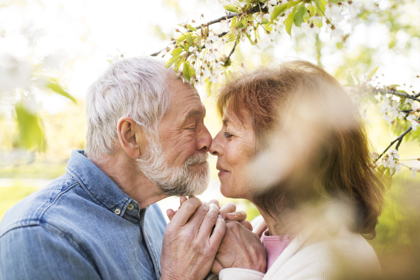 Beautiful senior couple in love kissing outside in spring nature.