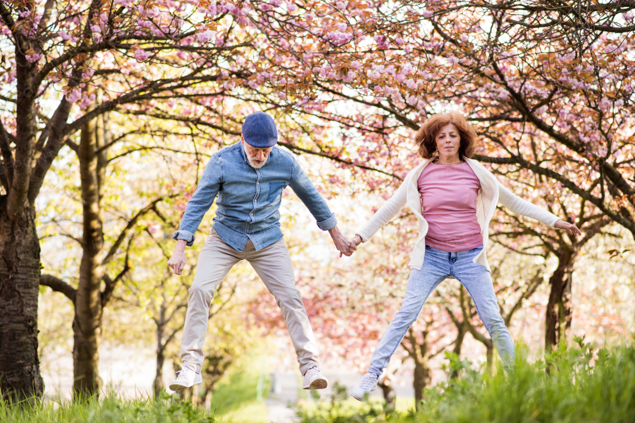 Beautiful senior couple in love on a walk outside, enjoying spring nature under blossoming trees. Man and woman having fun.