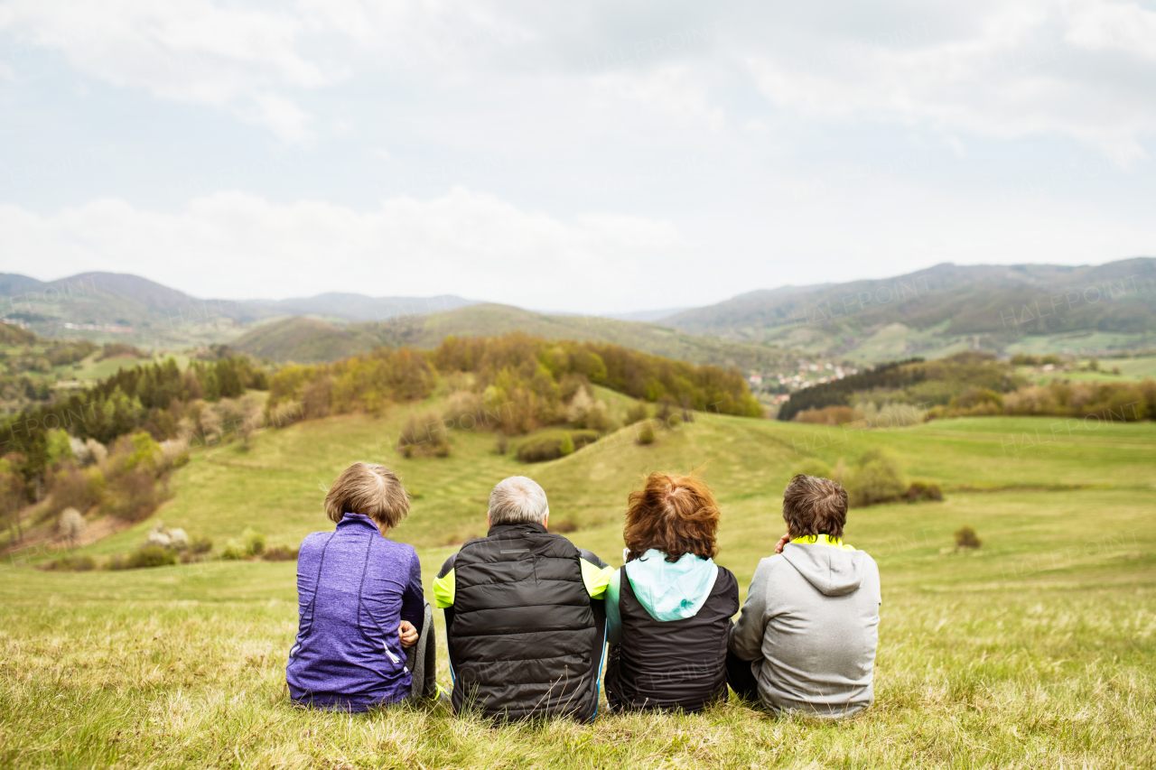 Group of active senior runners outdoors, sitting on the grass, resting. Rear view.